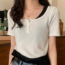 Load image into Gallery viewer, Women Fake 2 Pieces Tshirt Square Collar Ladies Knit Patchwork Short Sleeve Button Summer 2021 Casual Girl Tops Simple All-match