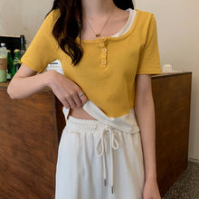Load image into Gallery viewer, Women Fake 2 Pieces Tshirt Square Collar Ladies Knit Patchwork Short Sleeve Button Summer 2021 Casual Girl Tops Simple All-match