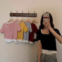 Load image into Gallery viewer, Women Fake 2 Pieces Tshirt Square Collar Ladies Knit Patchwork Short Sleeve Button Summer 2021 Casual Girl Tops Simple All-match