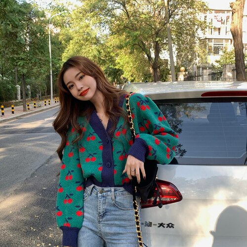 Women Fashion Cherry Cardigan Clothes Vinage Knit Cropped V-Neck Sweaters Tops Loose Pull Femme Korean Fashion Sueter Mujer