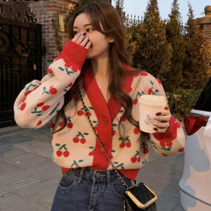 Women Fashion Cherry Cardigan Clothes Vinage Knit Cropped V-Neck Sweaters Tops Loose Pull Femme Korean Fashion Sueter Mujer