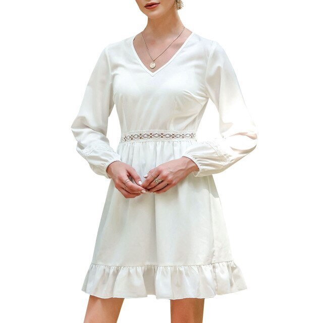 Women Fashion Dress A Line V Neck Lantern Sleeve Casual V-Neck Sexy Party Dress Laced Waist Cuff Casual Summer Solid Ruffle Hem