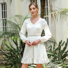 Load image into Gallery viewer, Women Fashion Dress A Line V Neck Lantern Sleeve Casual V-Neck Sexy Party Dress Laced Waist Cuff Casual Summer Solid Ruffle Hem