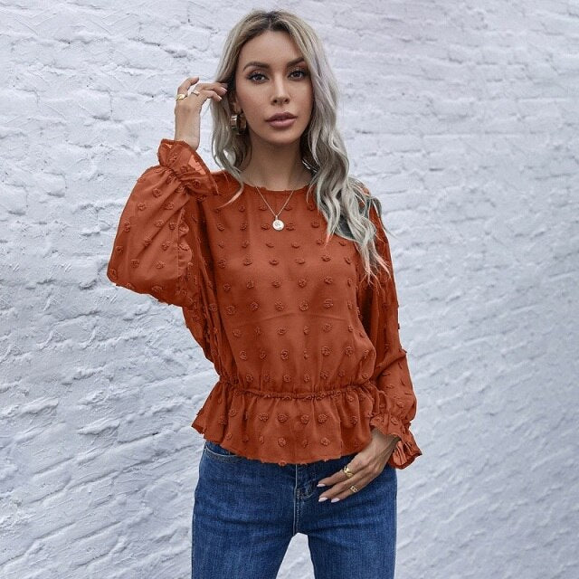 Women Fashion Loose Ruffle Shirt Casual O Neck Long Sleeve Solid Color See Through Blouse Summer New Elegant Vintage Lady Shirt