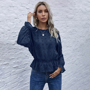 Women Fashion Loose Ruffle Shirt Casual O Neck Long Sleeve Solid Color See Through Blouse Summer New Elegant Vintage Lady Shirt