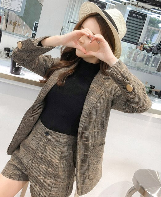 Women Fashion Plaid Two-Piece Suits Winter Korean Women's Casual Slim Jacket + Shorts OL Work Sets