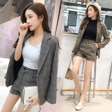 Load image into Gallery viewer, Women Fashion Plaid Two-Piece Suits Winter Korean Women&#39;s Casual Slim Jacket + Shorts OL Work Sets