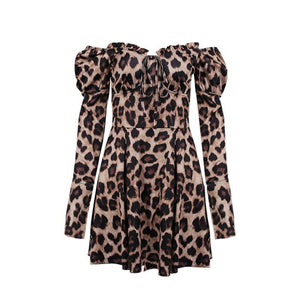 Women Fashion Sexy Long Sleeve Strapless A-Line Dress Autumn New Casual Office Lady Party Elegant Leopard Mini Dresses Vestidos