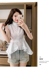 Load image into Gallery viewer, Women Fashion White Stand Collar Sleeveless Tops Female Office OL Irregular Ruffled Stitching Shirt Slim 2021 New