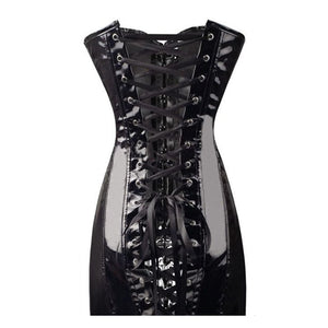 Women Faux Leather Dress Tube Top Strapless Eyelet Lace Up Dresses Club Party Short Dress Sexy Solid Black Wetlook Latex Bodycon