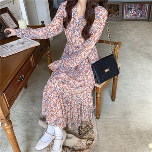 Women Floral Chiffon Dress Sexy V-Neck Bottoming Sweet Skirt Spring Autumn Fashion French Temperament Dresses Long-Sleeve Dress