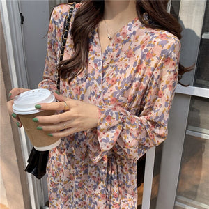 Women Floral Chiffon Dress Sexy V-Neck Bottoming Sweet Skirt Spring Autumn Fashion French Temperament Dresses Long-Sleeve Dress