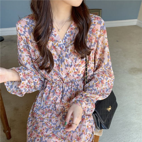 Women Floral Chiffon Dress Sexy V-Neck Bottoming Sweet Skirt Spring Autumn Fashion French Temperament Dresses Long-Sleeve Dress