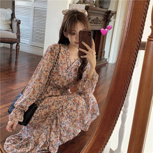 Load image into Gallery viewer, Women Floral Chiffon Dress Sexy V-Neck Bottoming Sweet Skirt Spring Autumn Fashion French Temperament Dresses Long-Sleeve Dress