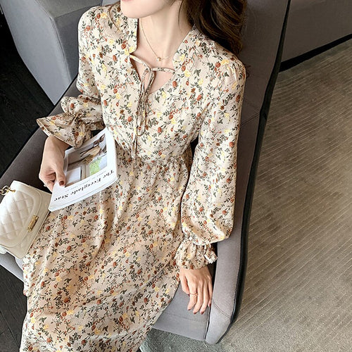 Women Floral Dress Fashion Korean Fairy Chiffon Long-Sleeve  Sexy V-Neck Dresses Fall Temperament Fashion Dress Long Skirt