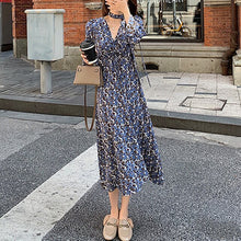 Load image into Gallery viewer, Women Floral Dress Trumpet Sleeve Bottoming Skirt Spring Autumn Floral Temperament Dresses Sexy V-Neck Chiffon High Waist Dress