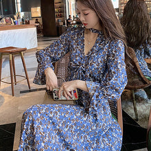 Load image into Gallery viewer, Women Floral Dress Trumpet Sleeve Bottoming Skirt Spring Autumn Floral Temperament Dresses Sexy V-Neck Chiffon High Waist Dress