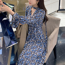 Load image into Gallery viewer, Women Floral Dress Trumpet Sleeve Bottoming Skirt Spring Autumn Floral Temperament Dresses Sexy V-Neck Chiffon High Waist Dress