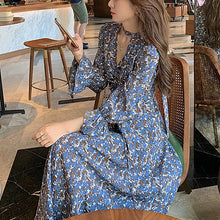 Load image into Gallery viewer, Women Floral Dress Trumpet Sleeve Bottoming Skirt Spring Autumn Floral Temperament Dresses Sexy V-Neck Chiffon High Waist Dress