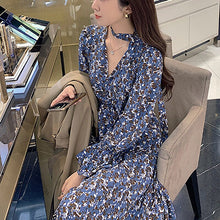 Load image into Gallery viewer, Women Floral Dress Trumpet Sleeve Bottoming Skirt Spring Autumn Floral Temperament Dresses Sexy V-Neck Chiffon High Waist Dress