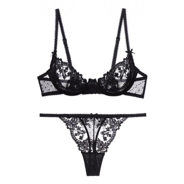 Women Floral Embroidered Lace Lingerie Underpants Set Hollow Sexy Underwear Ultra-thin See-through Bra Garter Belt T Pants Suit