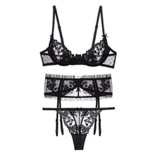 Load image into Gallery viewer, Women Floral Embroidered Lace Lingerie Underpants Set Hollow Sexy Underwear Ultra-thin See-through Bra Garter Belt T Pants Suit
