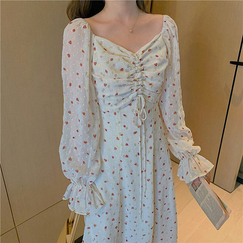 Women Floral Lace Dress Chiffon Gentle French Sexy Square Neck Retro Dresses Korean Temperamen Spring Autumn Fashion Long Dress