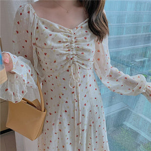 Women Floral Lace Dress Chiffon Gentle French Sexy Square Neck Retro Dresses Korean Temperamen Spring Autumn Fashion Long Dress