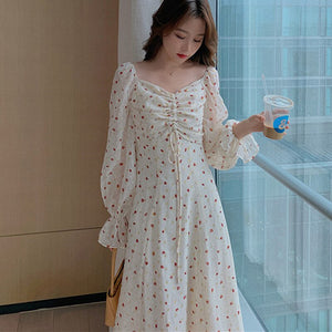 Women Floral Lace Dress Chiffon Gentle French Sexy Square Neck Retro Dresses Korean Temperamen Spring Autumn Fashion Long Dress