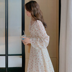 Women Floral Lace Dress Chiffon Gentle French Sexy Square Neck Retro Dresses Korean Temperamen Spring Autumn Fashion Long Dress