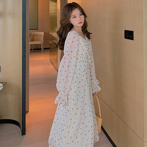 Women Floral Lace Dress Chiffon Gentle French Sexy Square Neck Retro Dresses Korean Temperamen Spring Autumn Fashion Long Dress