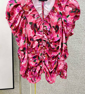 Women Floral Print Blouse 2021 New Ladies V-Neck Long Sleeves Puff Blouse Gathered Pleated Fashion Spring Summer Shirts Top