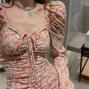 Women Floral Puff Dress Fashion Retro French Sexy Pleated Slim Long-Sleeve Dresses Autumn Temperament Fit Hip Dress Short Skirt