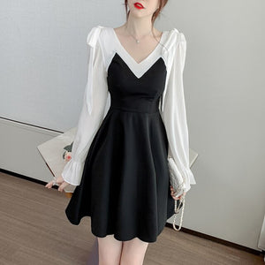 Women French Dress Sexy V-Neck Autumn Long-Sleeve Street Black Dresses Chiffon Fashion Temperament Machine Lace Stitching Dress