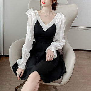 Women French Dress Sexy V-Neck Autumn Long-Sleeve Street Black Dresses Chiffon Fashion Temperament Machine Lace Stitching Dress