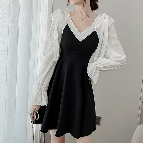 Women French Dress Sexy V-Neck Autumn Long-Sleeve Street Black Dresses Chiffon Fashion Temperament Machine Lace Stitching Dress