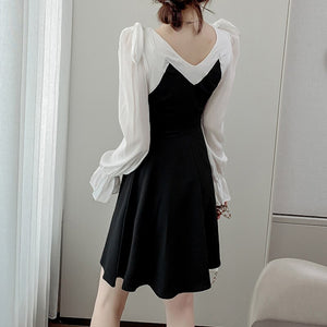 Women French Dress Sexy V-Neck Autumn Long-Sleeve Street Black Dresses Chiffon Fashion Temperament Machine Lace Stitching Dress