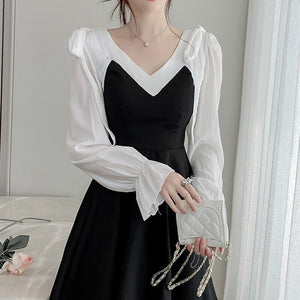 Women French Dress Sexy V-Neck Autumn Long-Sleeve Street Black Dresses Chiffon Fashion Temperament Machine Lace Stitching Dress