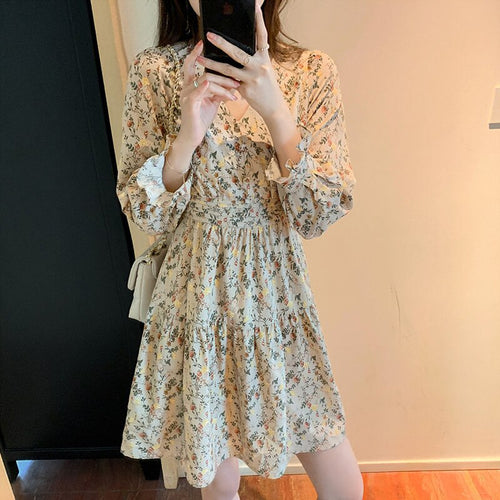 Women French Floral Dress Fashion Retro Fairy Short Skirt Gentle Chiffon Long-Sleeve Dresses Autumn Temperament Sexy Dress