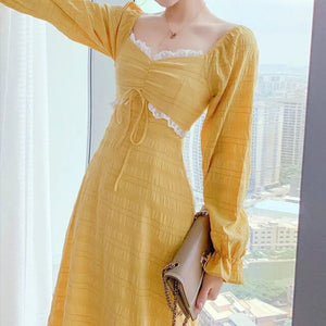 Women French Long-Sleeve Dress Sexy Square-Neck Gentle Korean Temperament Girls Fashion Chiffon Fairy Dresses Autumn Midi Dress