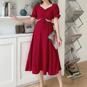 Women French Long-Sleeve Dress Sexy Square-Neck Gentle Korean Temperament Girls Fashion Chiffon Fairy Dresses Autumn Midi Dress