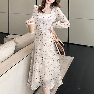 Women French Polka Dot Dress Sexy Square Collar Autumn Retro Long-Sleeve Niche Dresses Chiffon Fashion Temperament Fairy Dress