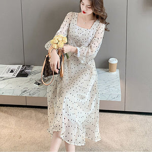 Women French Polka Dot Dress Sexy Square Collar Autumn Retro Long-Sleeve Niche Dresses Chiffon Fashion Temperament Fairy Dress