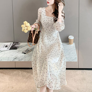 Women French Polka Dot Dress Sexy Square Collar Autumn Retro Long-Sleeve Niche Dresses Chiffon Fashion Temperament Fairy Dress