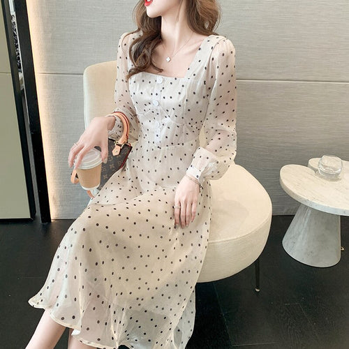 Women French Polka Dot Dress Sexy Square Collar Autumn Retro Long-Sleeve Niche Dresses Chiffon Fashion Temperament Fairy Dress