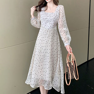 Women French Polka Dot Dress Sexy Square Collar Autumn Retro Long-Sleeve Niche Dresses Chiffon Fashion Temperament Fairy Dress