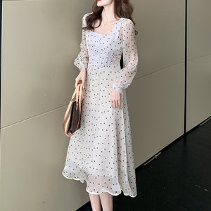 Women French Polka Dot Dress Sexy Square Collar Autumn Retro Long-Sleeve Niche Dresses Chiffon Fashion Temperament Fairy Dress