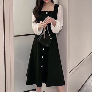 Women French Retro Dress Sexy Square Collar Autumn Long-Sleeve Street Black Dresses Chiffon Fashion Temperament Splice Dress