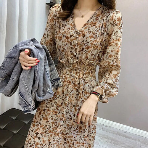 Women French Retro Floral Dress Gentle Chiffon Korean Retro Long Dress Sleeve Sexy V-Neck Thin Temperamen Autumn Midi Dress