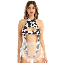Load image into Gallery viewer, Women Girls Cow Print Japanese Maid Sex Cosplay Suit Erotic Outfit Backless High Cut Thong Lingerie Leotard Bodysuit Underwear